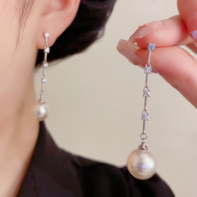 Elegant Zircon Pearl Tassel Earrings – French Ultra-Feminine Design