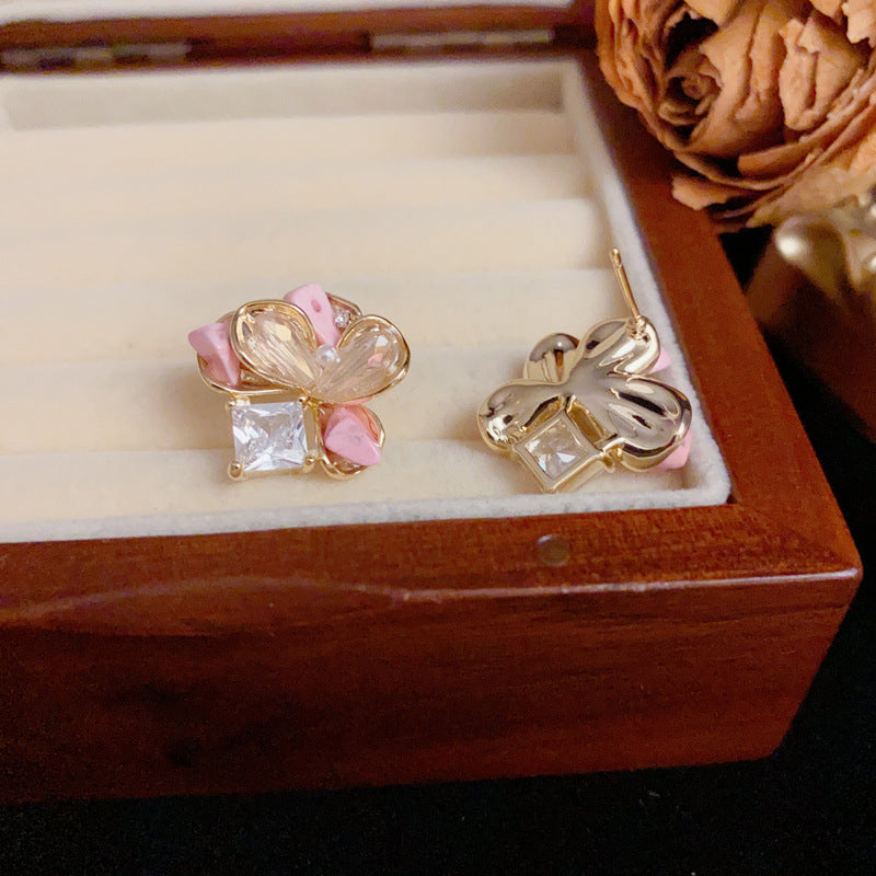 14K Gold Sweet Crystal Pink Petal Stud Earrings – S925 Silver Needle