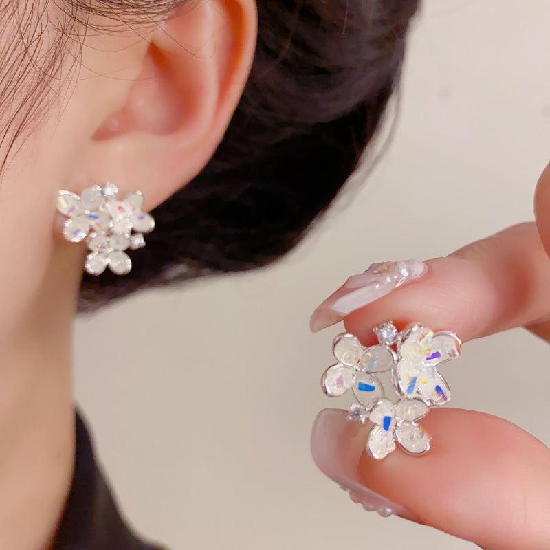 Eaioncol Floral Crystal Petal Stud Earrings Silver