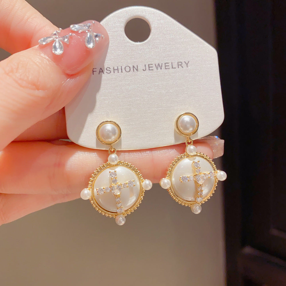 Eaioncol Cross Pearl CZ Drop Earrings Gold