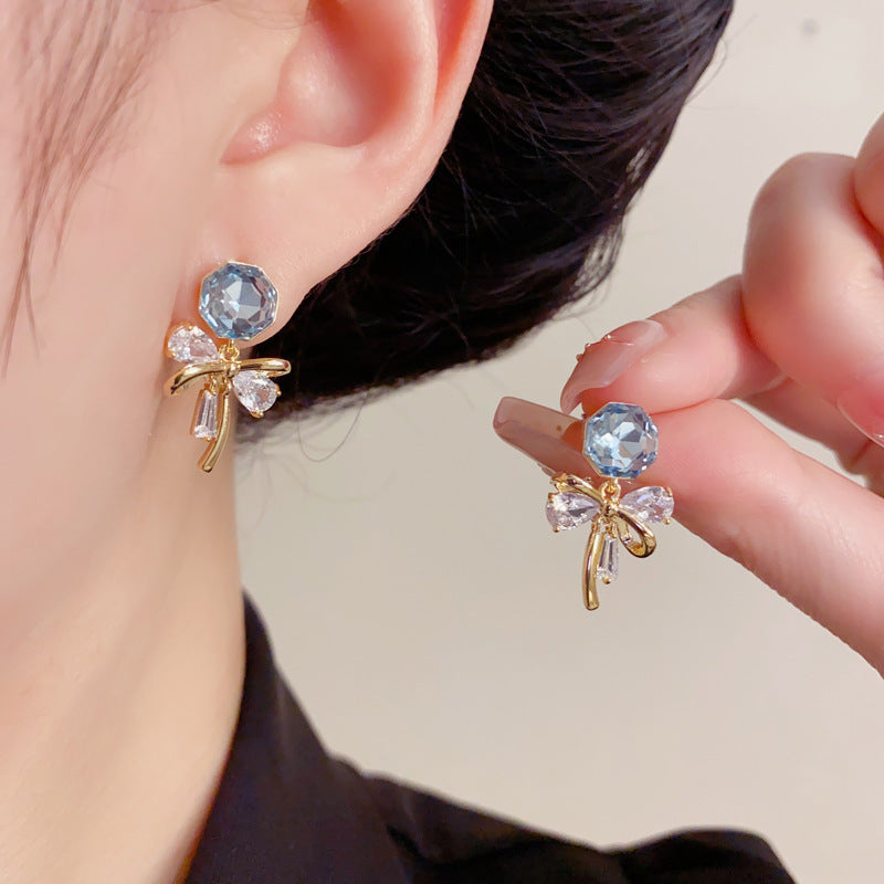 Elegant Crystal Zircon Butterfly Bow Earrings – French Retro Design