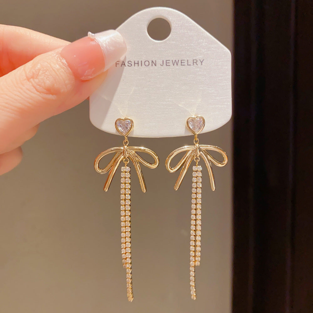 Eaioncol Bow CZ Tassel Drop Earrings Gold Silver