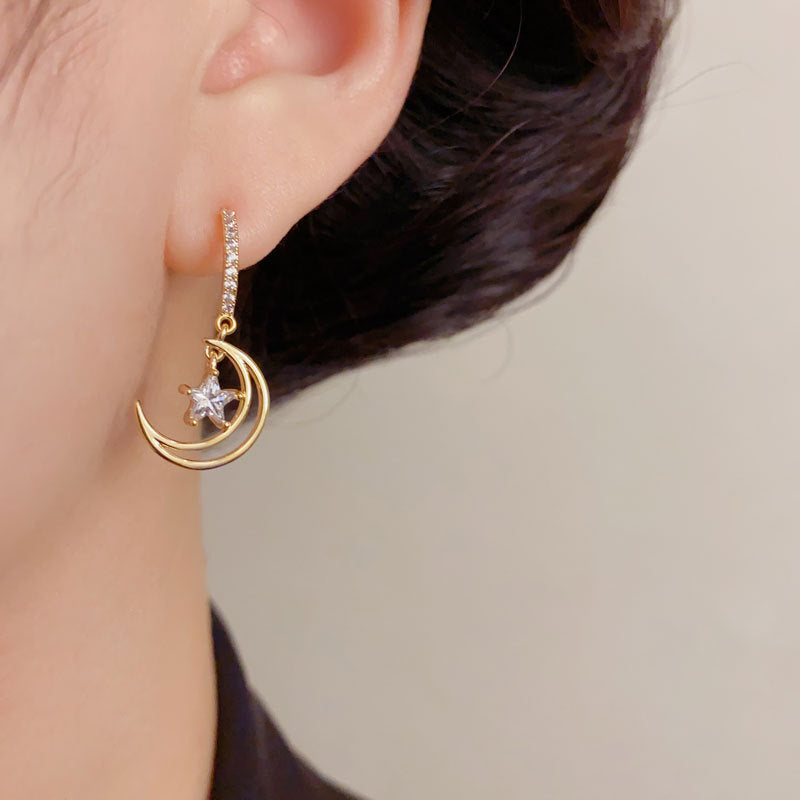 Elegant Zircon Star Moon Drop Earrings – Minimalist Design