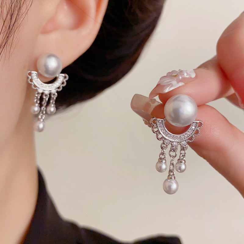 Elegant Zircon Pearl Fan Tassel Drop Earrings – Long Fringe Design