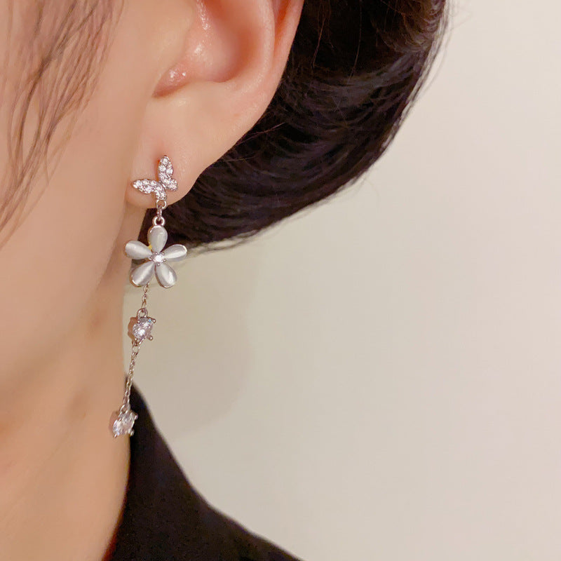 Luxury Zircon Cat's Eye & Flower Tassel Drop Earrings – Elegant Design