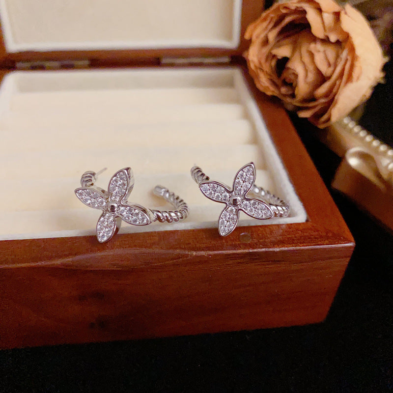 Luxury Zircon Four-Leaf Flower Hoop Earrings – Elegant Flower Design