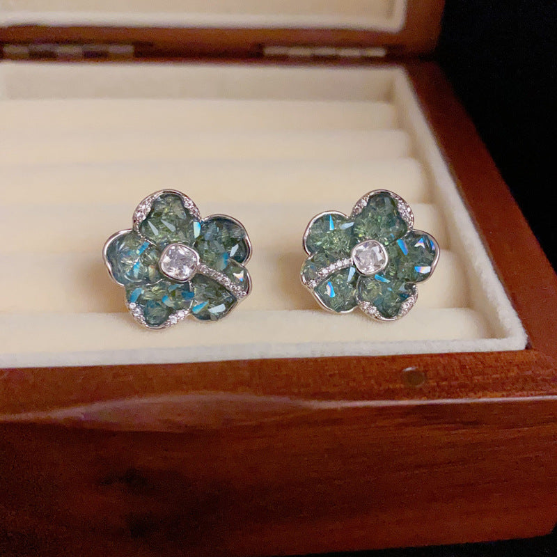 14K Gold-Plated Crystal Green Petal Stud Earrings -Floral Design