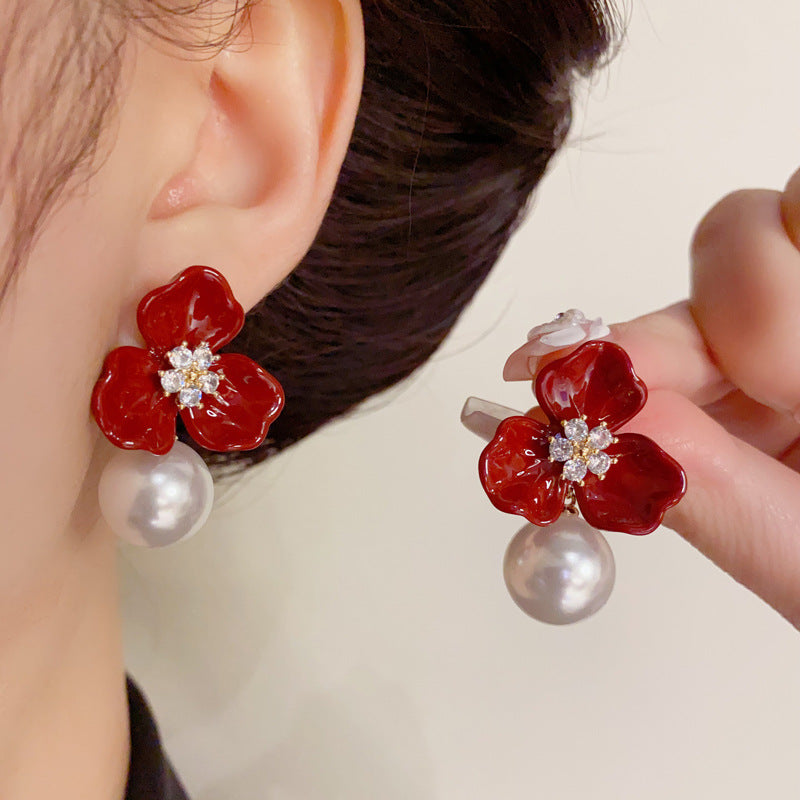 14K Gold-Plated Red Enamel Petal Pearl Drop Earrings - Chic & Elegant