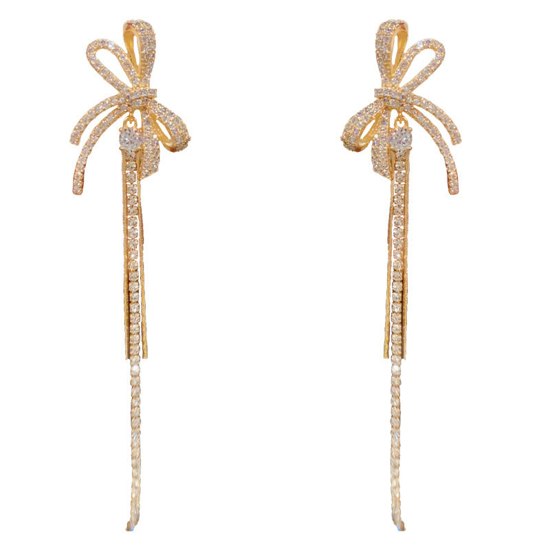 Elegant Zircon Butterfly Bow Tassel Earrings – French Design