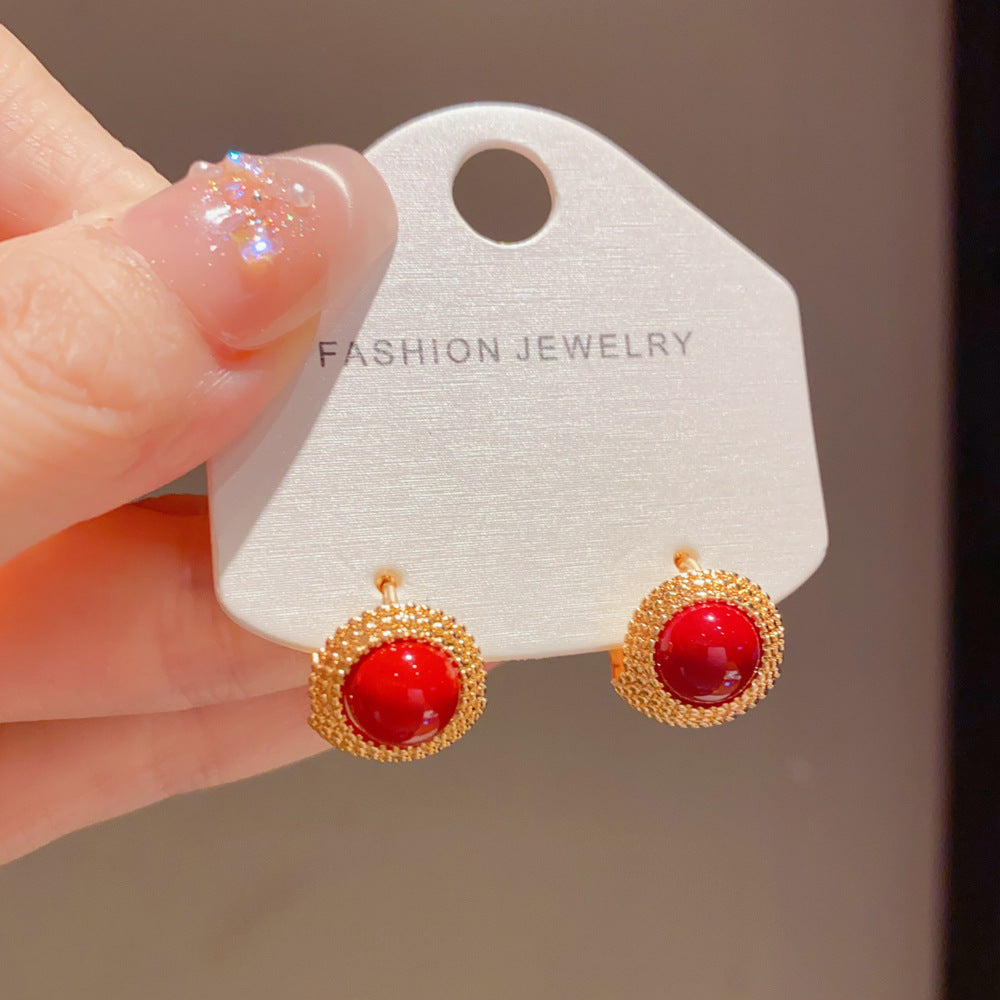 Eaioncol Vintage Red Pearl Stud Earrings Gold