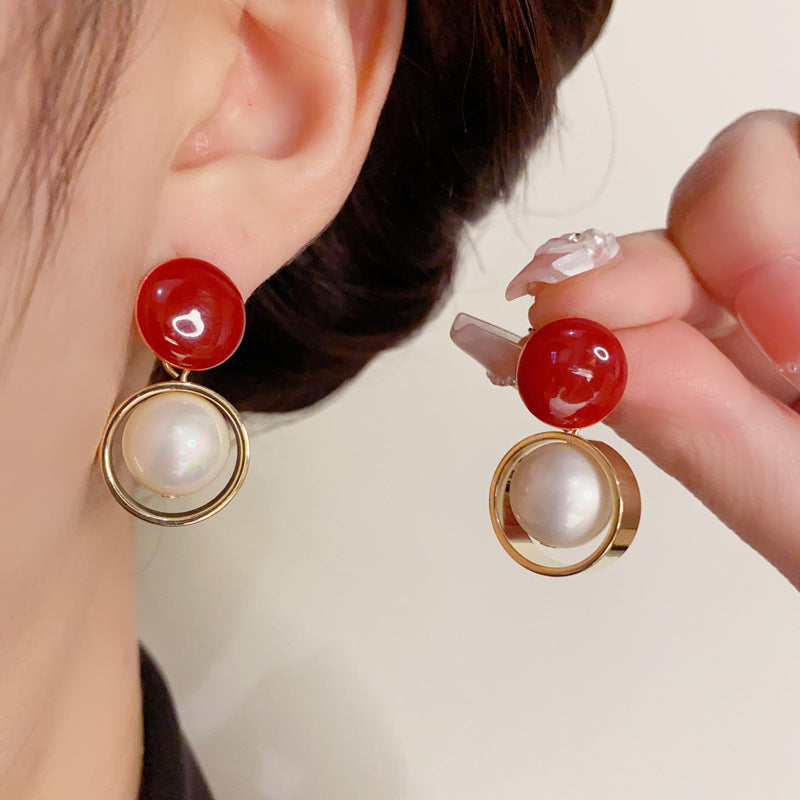 14K Gold-Plated Red Oil-Drop Pearl Drop Earrings - Chic&Elegant Design