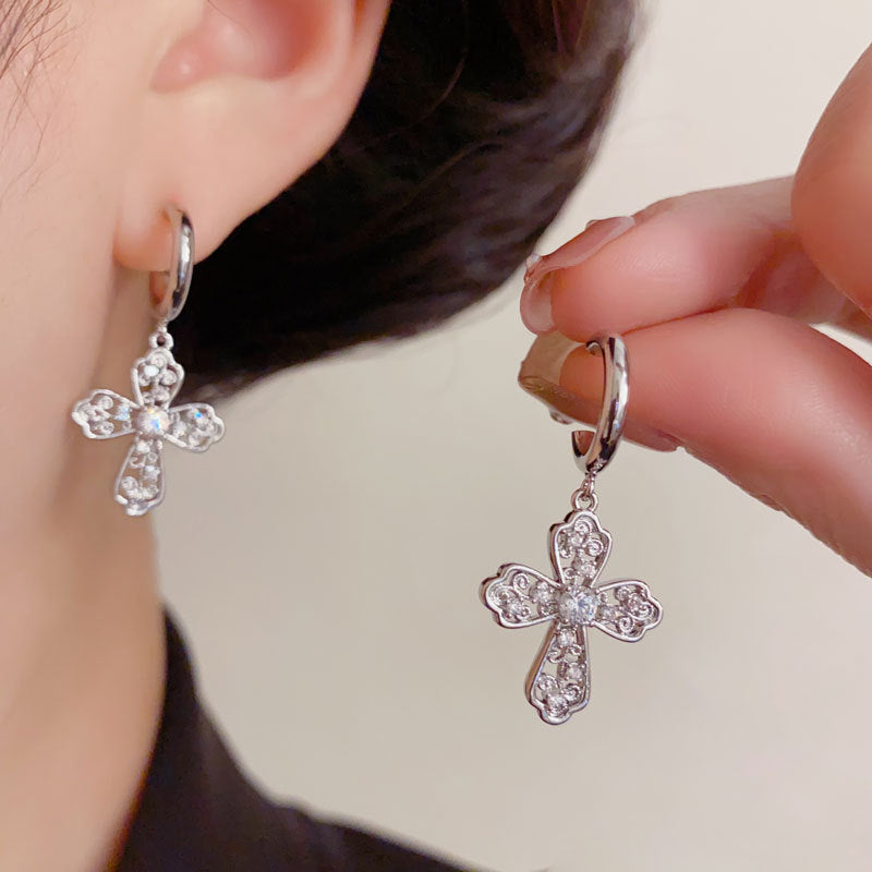 Luxury Zircon Hollow Cross Drop Earrings – Elegant Design