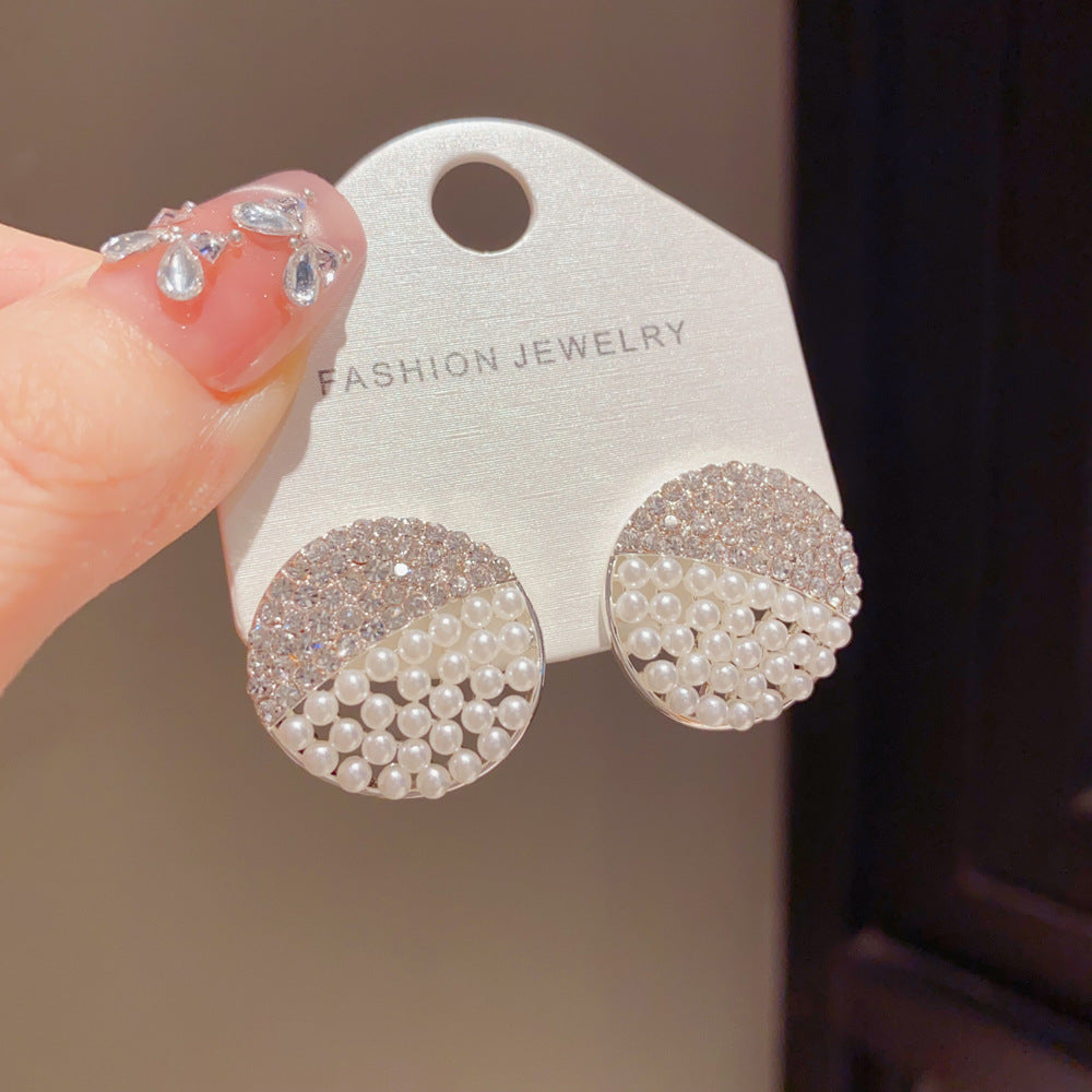 Eaioncol Rhombus Circle CZ Pearl Stud Earrings Silver