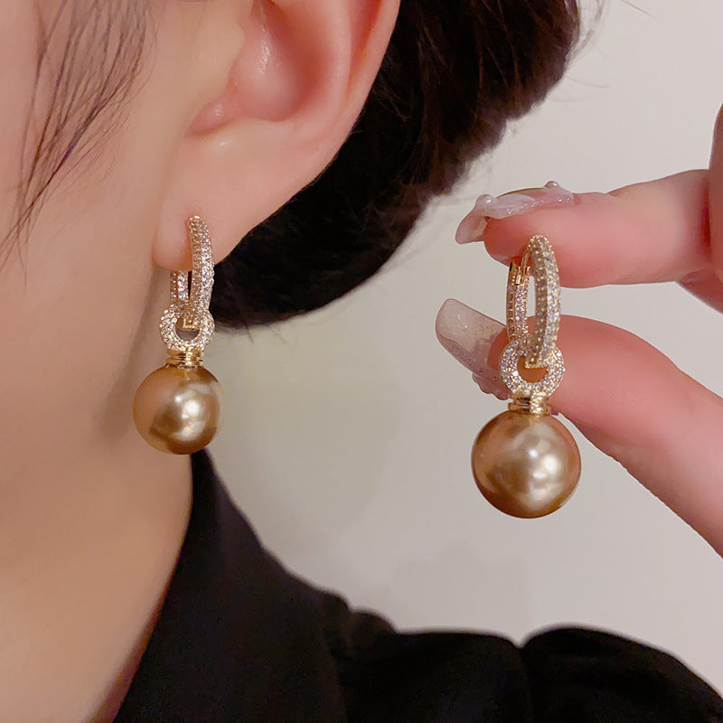 14k Gold Plated Two-Way Zircon&Coffee Pearl Hoop Earrings-Unique Premium Design