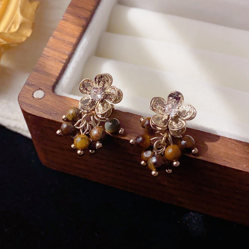Elegant Tiger's Eye Flower Drop Earrings – Floral Design