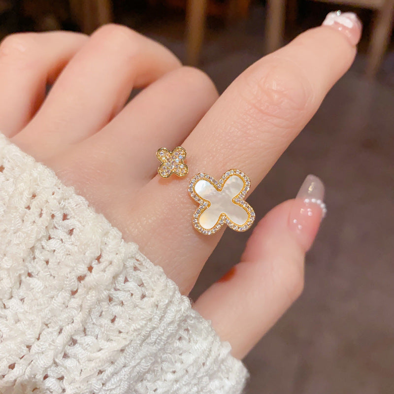 14K Gold-Plated Zircon Shell Four-Leaf Flower Open Ring-Elegant Design