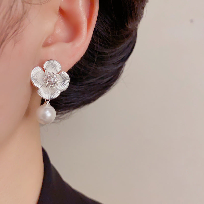 Elegant Pink Flower Pearl Drop Earrings – Petal Design for Women