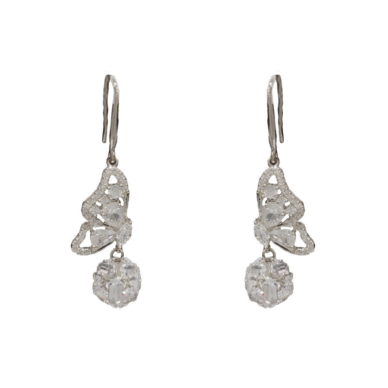 14K Gold-Plated Full Diamond Butterfly Ball Earrings - Sparkling Elegance