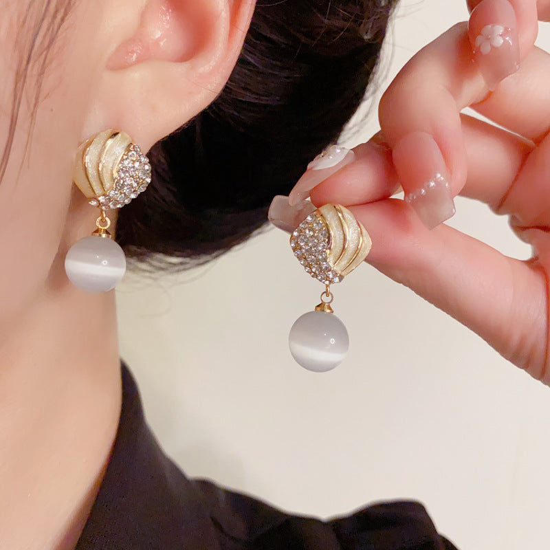Luxury Zircon & Cat Eye Geometric Drop Gold Earrings – Elegant Design
