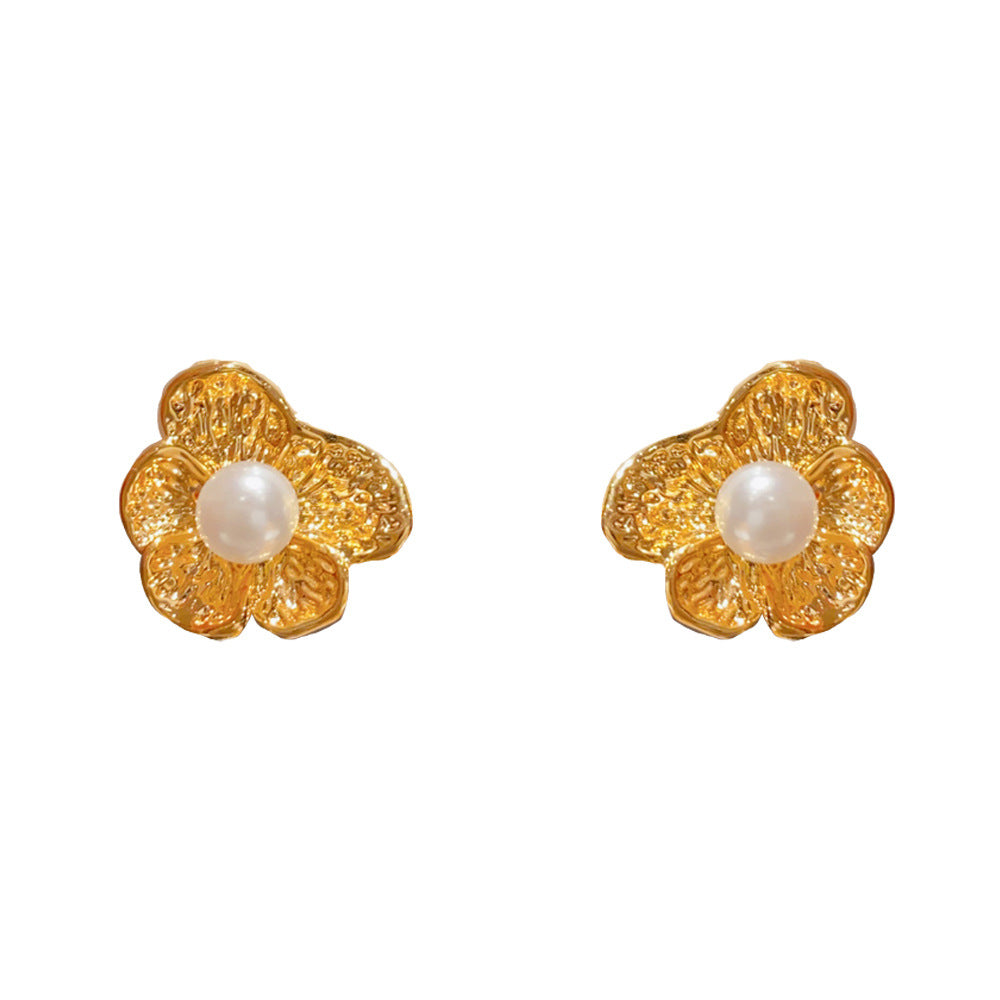 Eaioncol Metal Petal Pearl Stud Earrings Gold