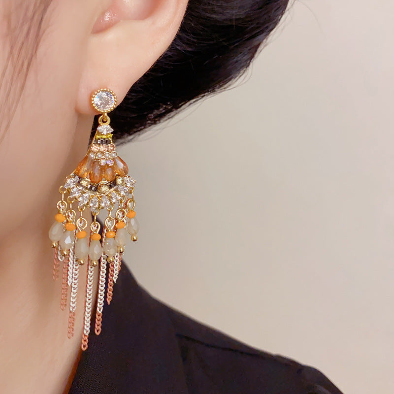 Elegant Beaded Geometric Tassel Drop Earrings – French Retro Design