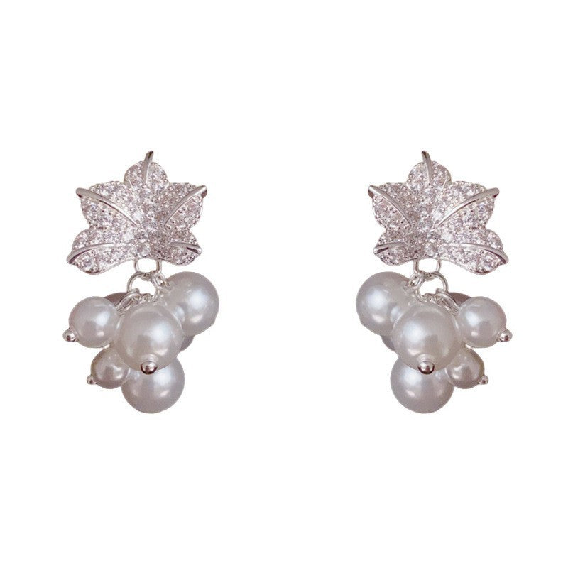 Eaioncol Leaf Pearl CZ Drop Earrings Gold Silver