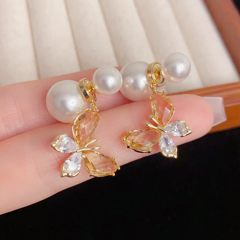 Eaioncol Two-Way Pearl Butterfly Drop Earrings Gold