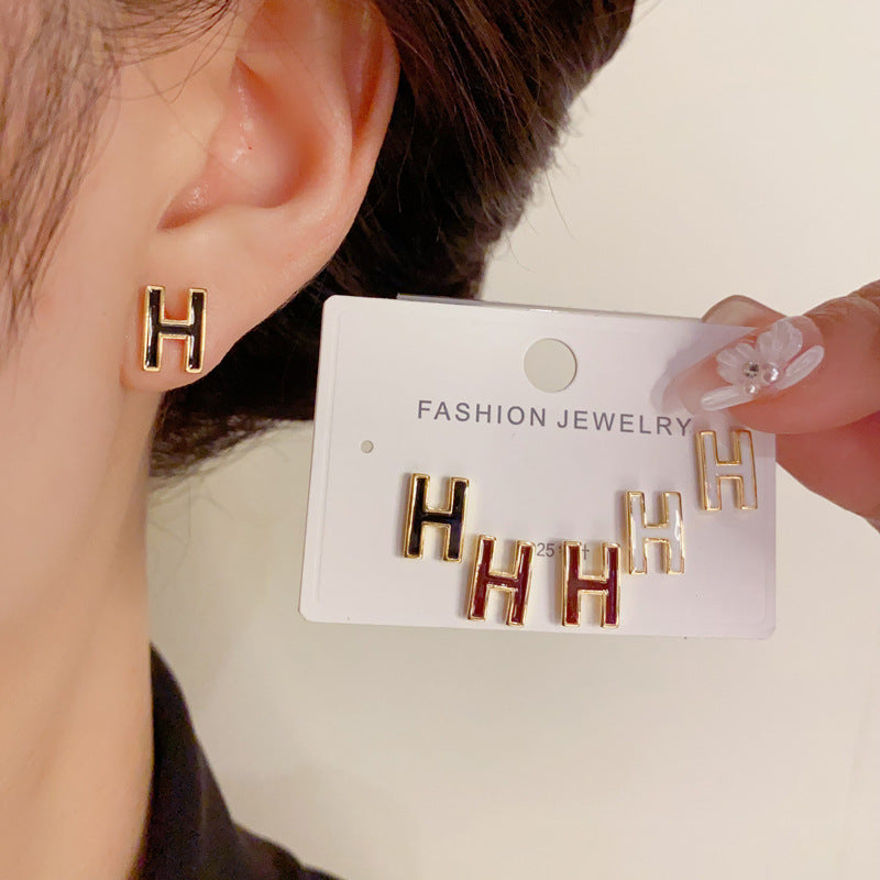 14K Gold-Plated Tri-Color H Letter Earrings Set-Minimalist Chic Design