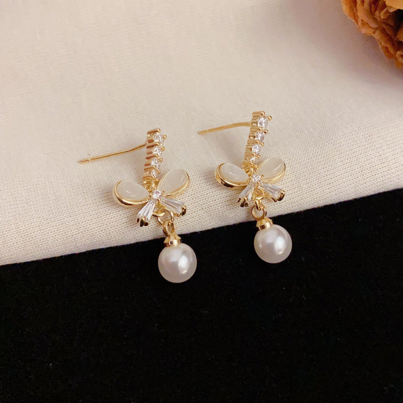 Elegant Zircon Bow & Pearl Drop Gold Earrings – S925 Silver Needle