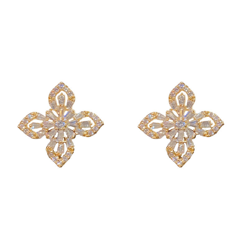 14K Gold-Plated Zircon Four-Leaf Clover Earrings - Sparkling Elegance