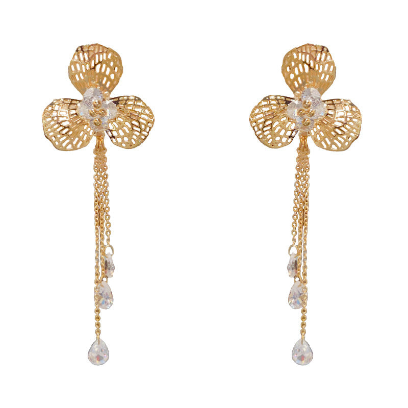 Elegant Hollow Metal Petal Tassel Drop Earrings – Long Fringe Design