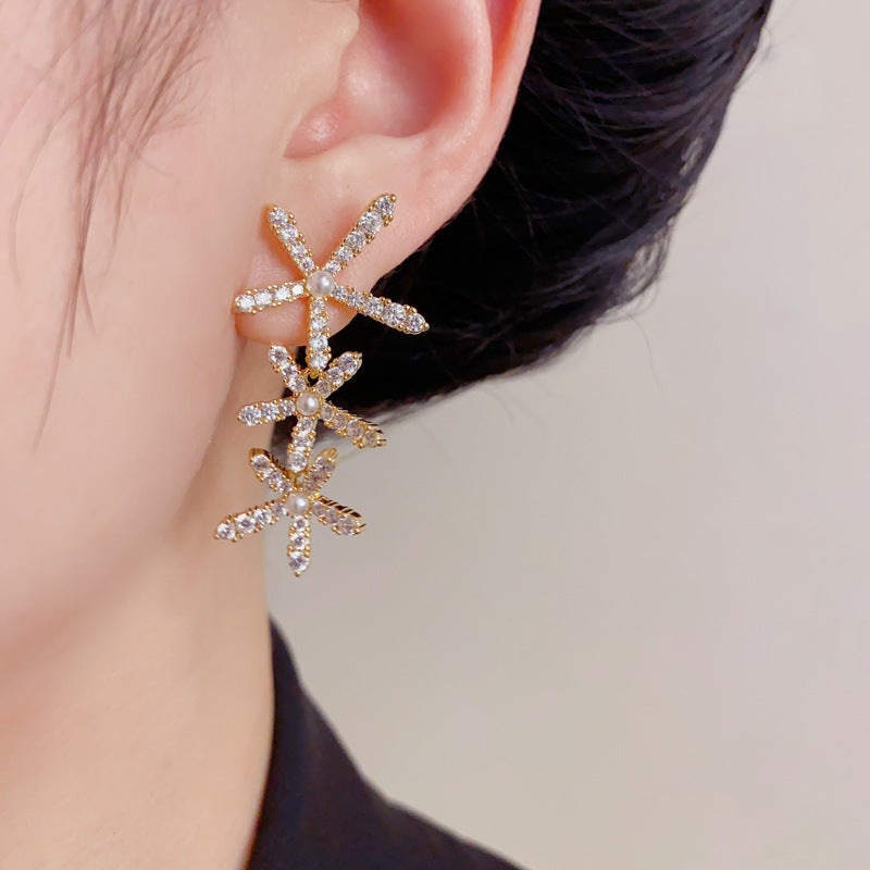 Elegant Zircon Petal Tassel Drop Earrings – Floral Long Fringe Design