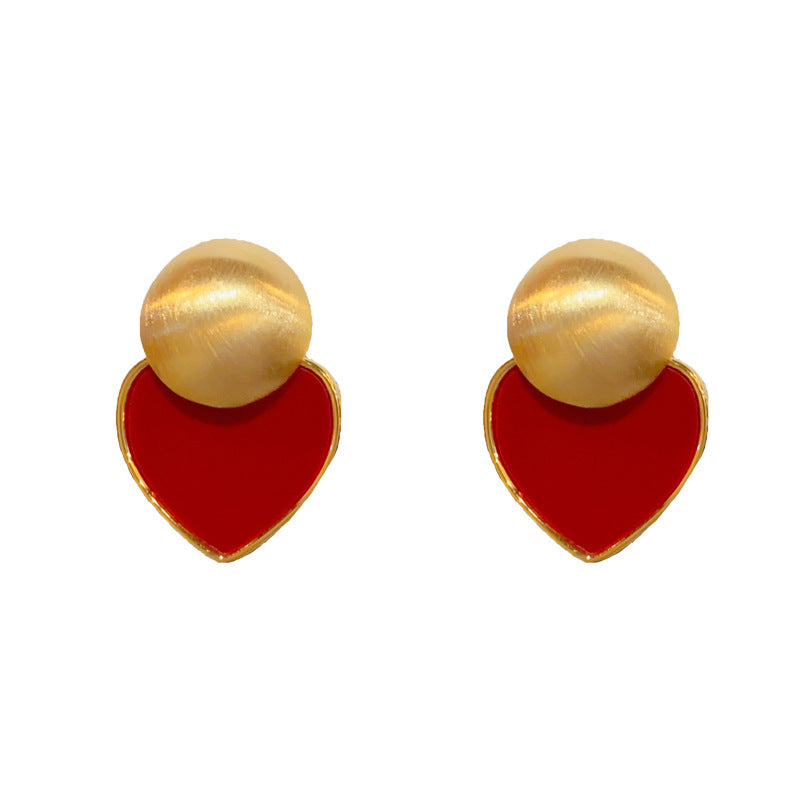 14K Gold-Plated Metallic Brushed Red Heart Earrings - Chic Minimalist