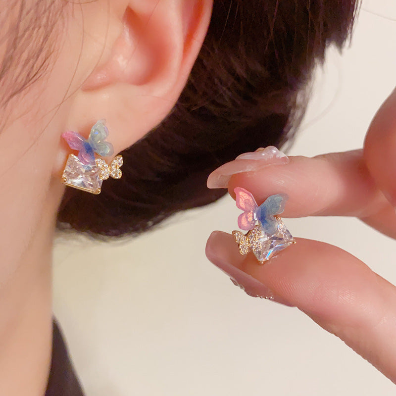 Gradient Butterfly Square Zircon Stud Earrings – S925 Silver Needle