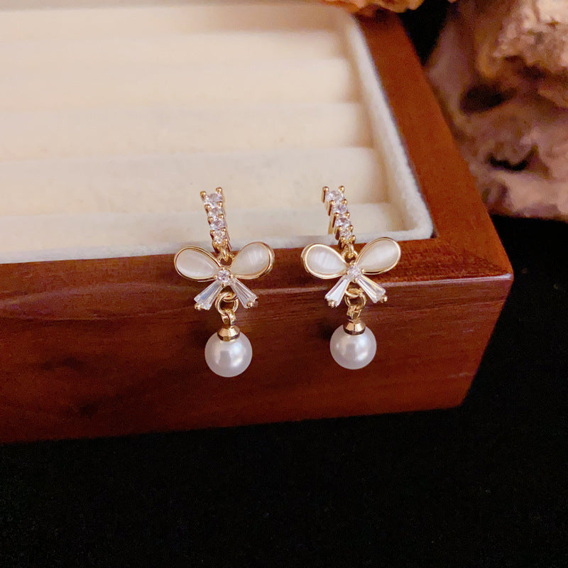 Elegant Zircon Bow & Pearl Drop Gold Earrings – S925 Silver Needle
