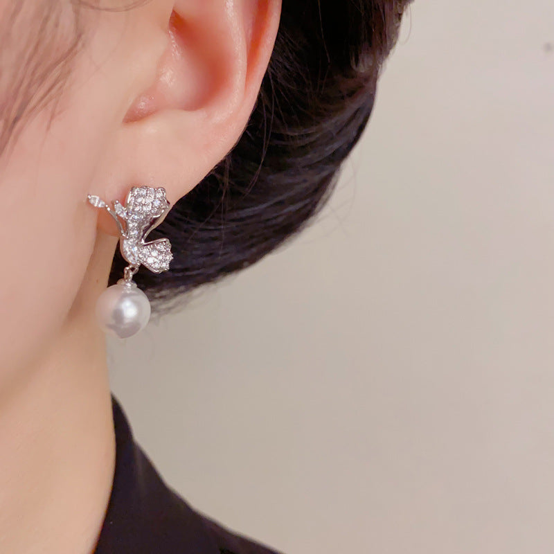 Eaioncol Butterfly Pearl CZ Drop Earrings Gold
