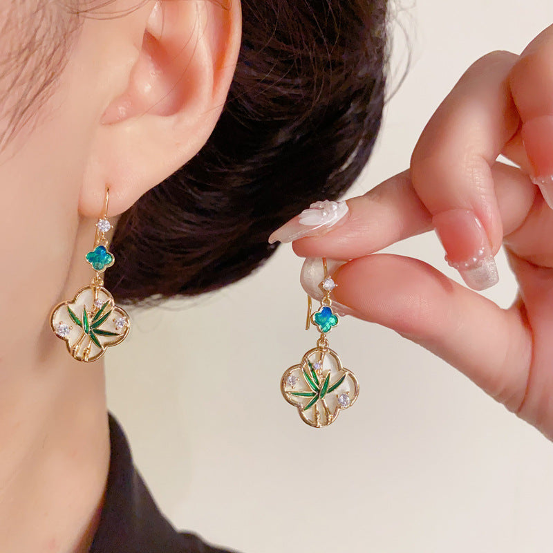 Luxury Bamboo Leaf Four-Leaf Flower Ear Hook Earrings – Elegant Design