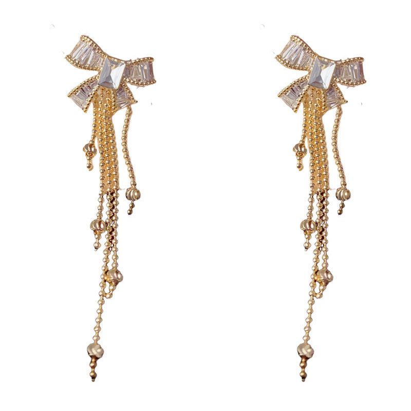 Elegant Zircon Bow Tassel Drop Earrings – French Retro Design