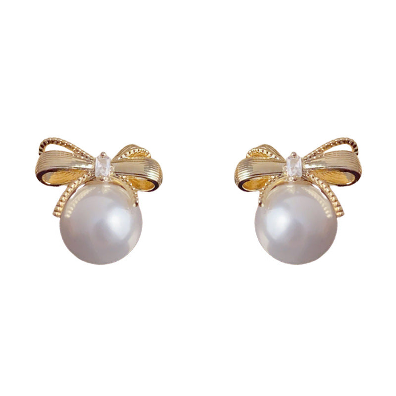 Elegant Metal Bow Pearl Stud Earrings – French Minimalist Design