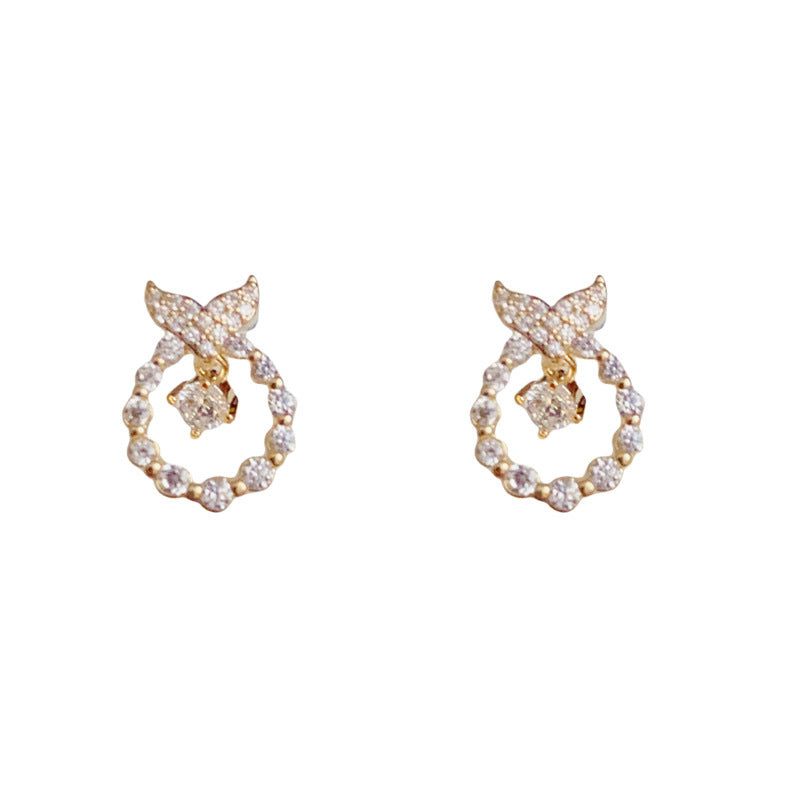 14K Gold Full-Zircon Fishtail Round Stud Earrings – S925 Silver Needle