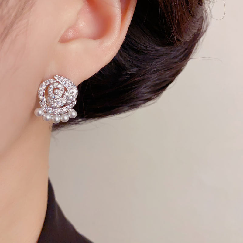 Elegant Zircon Camellia Pearl Stud Earrings – Floral Design