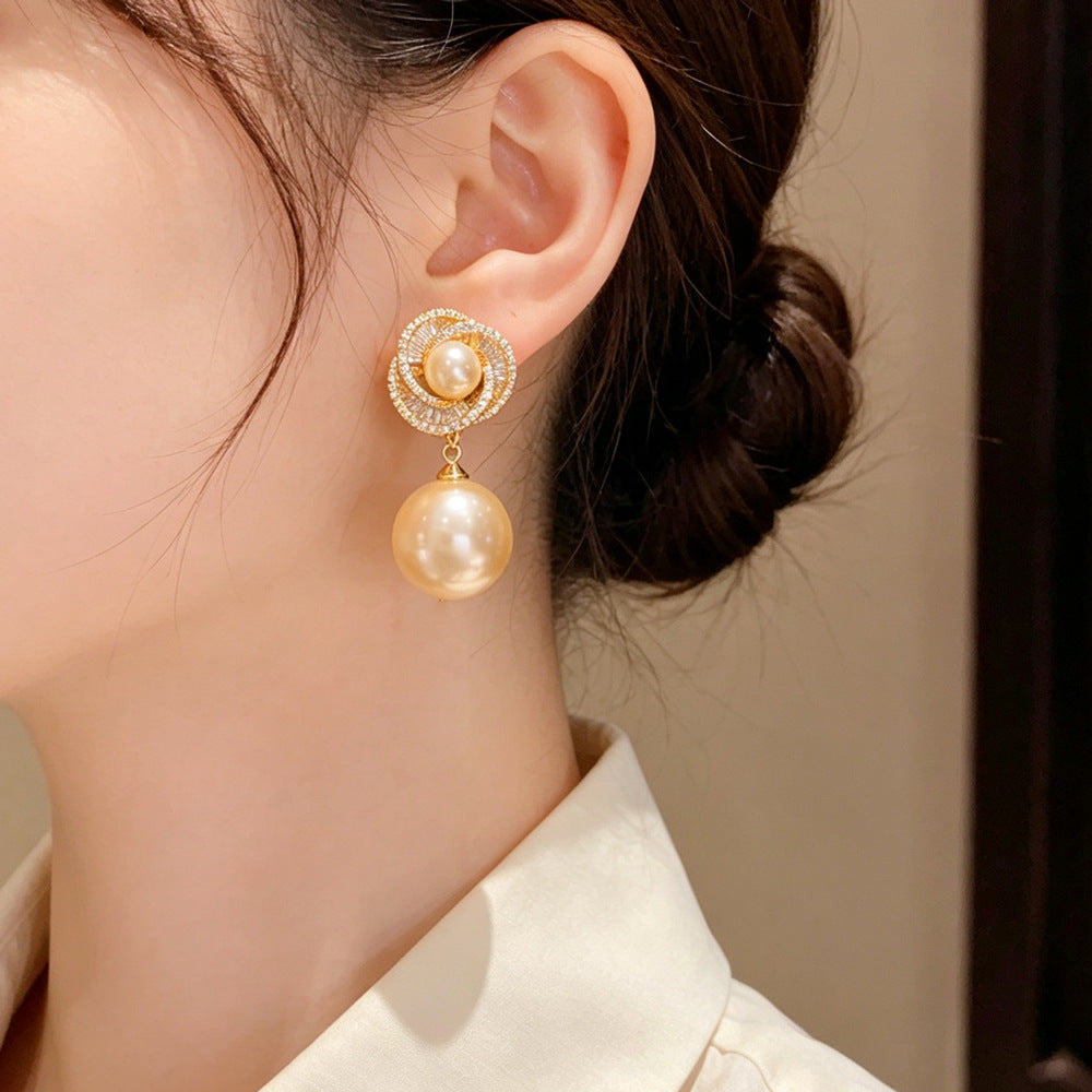 Eaioncol CZ Halo Pearl Drop Earrings 14K Gold Plated