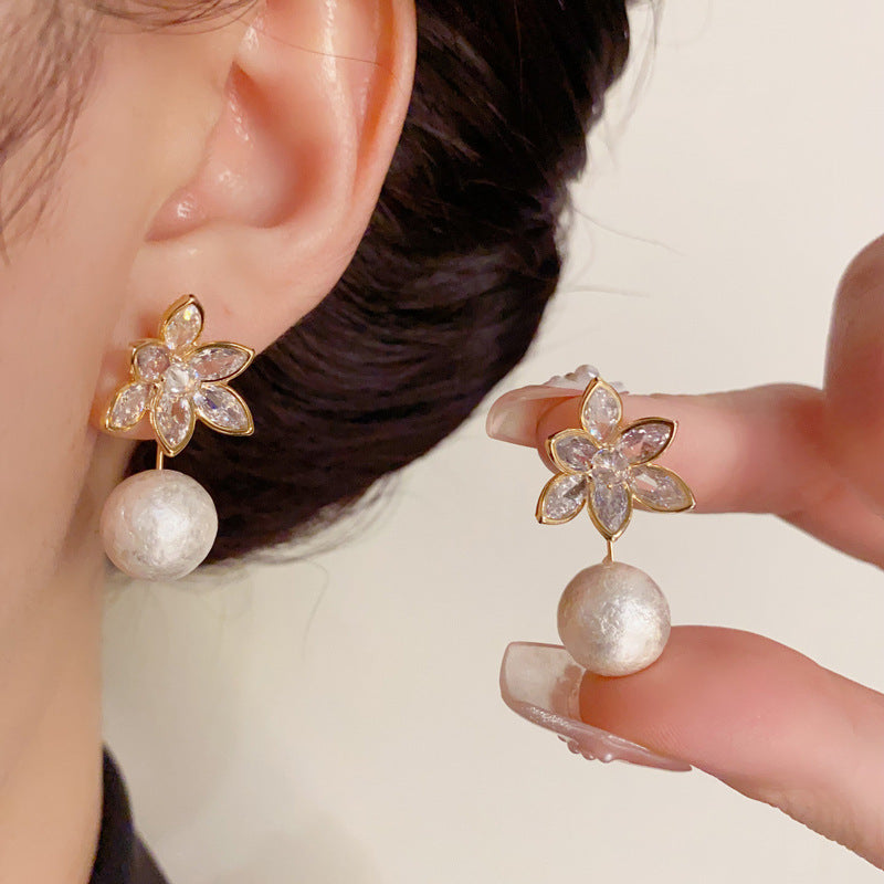 14K Gold-Plated Diamond Flower Bead Earrings - Elegant Chic Design