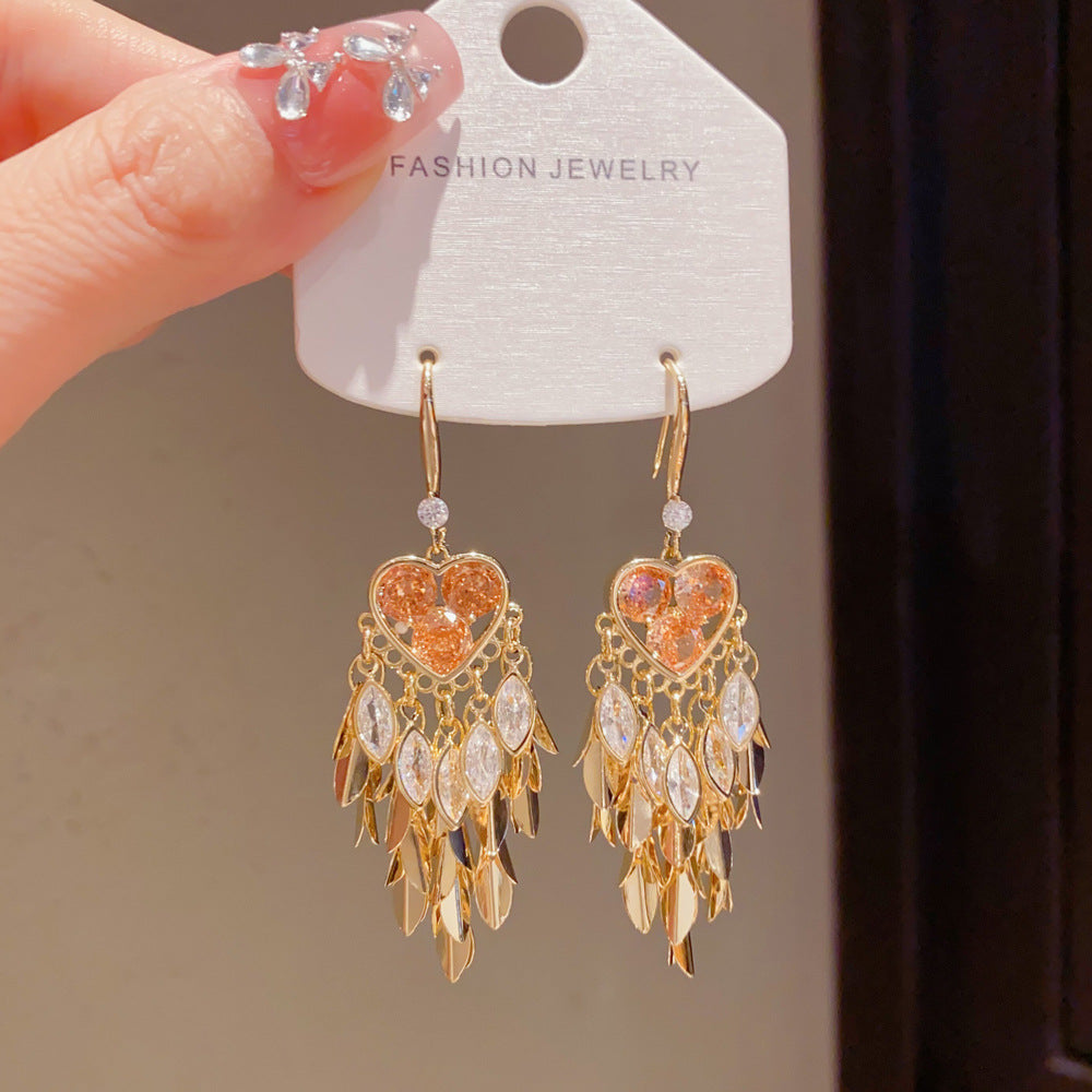 Eaioncol Heart Leaf CZ Tassel Ear Hooks 14K Gold Plated