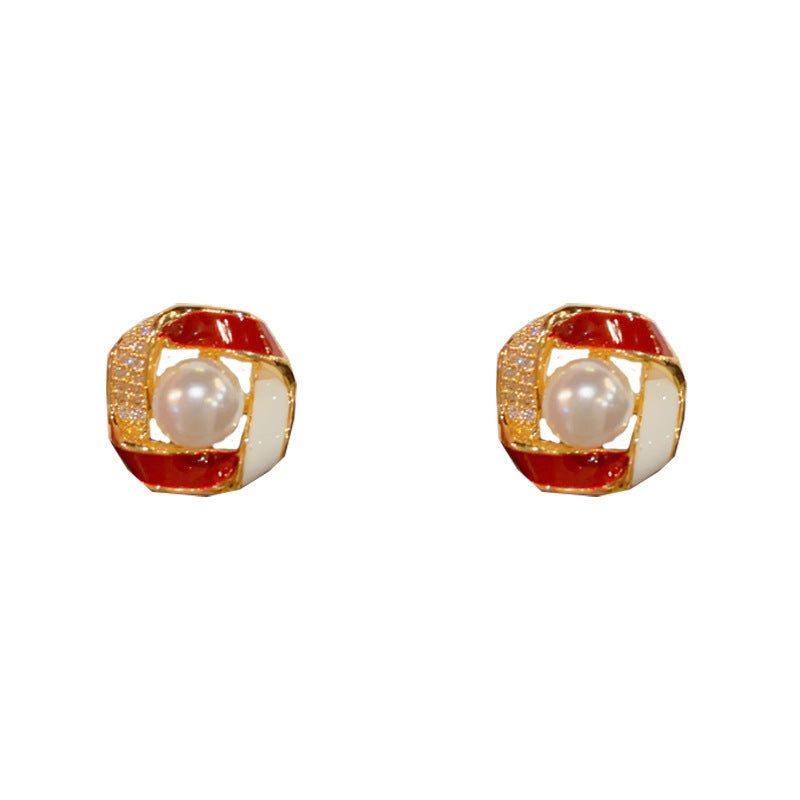 Luxury Zircon Pearl Color-Block Circle Stud Earrings – Elegant Design