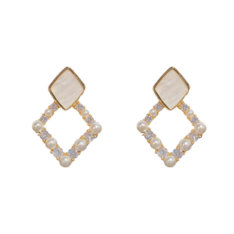 14K Gold-Plated Diamond & Pearl Inlay Rhombus Earrings - Chic Design