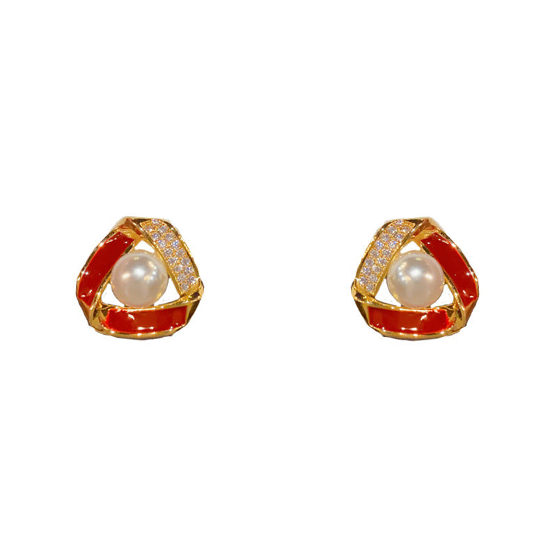Rhinestone Pearl Triangle Stud Earrings – Elegant Design