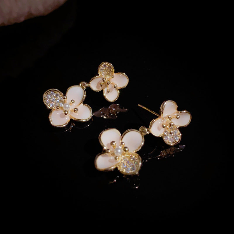 14K Gold-Plated Pink Flower Drop Earrings – Elegant Korean Style
