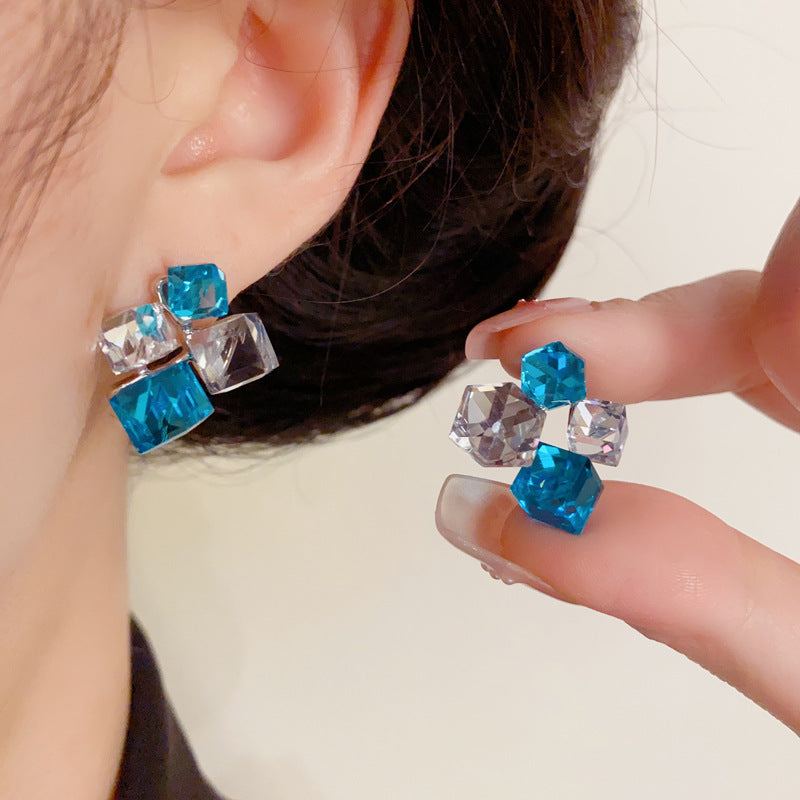 S925 Luxury Sea Salt Blue Crystal Cube Earrings – Elegant Design
