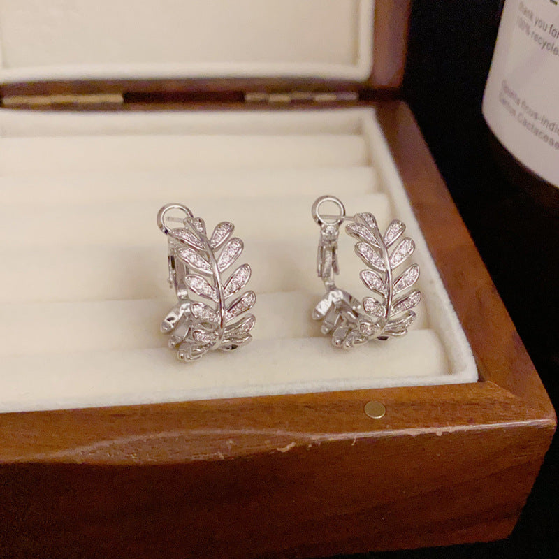Elegant Micro-Pavé Zircon Leaf Hoop Earrings – Botanical Design